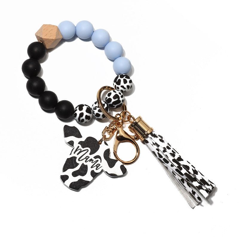 Cow Print Charm Silicone Bead Keychain - GreyBlue