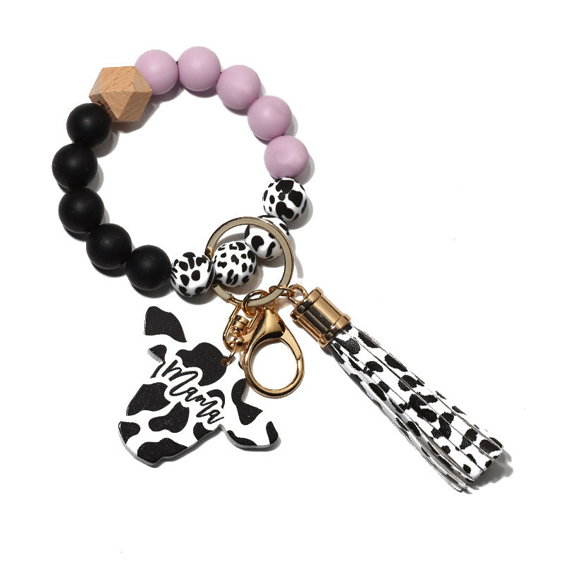 Cow Print Charm Silicone Bead Keychain - Lavender