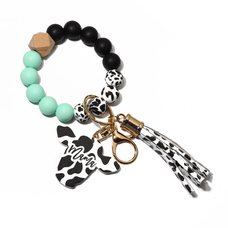 Cow Print Charm Silicone Bead Keychain - Mint