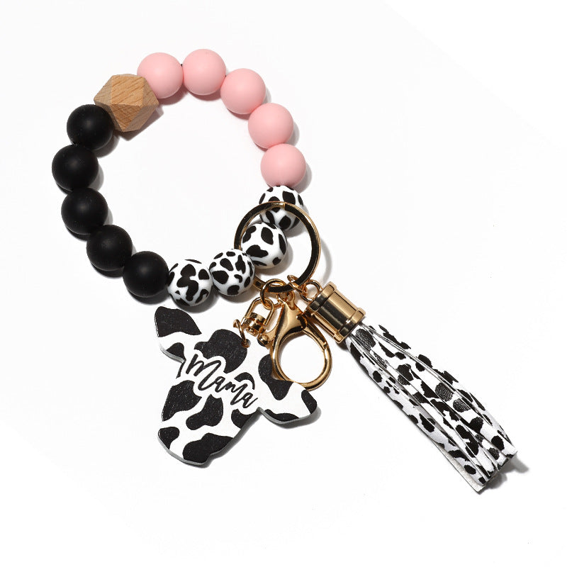 Cow Print Charm Silicone Bead Keychain - Pink