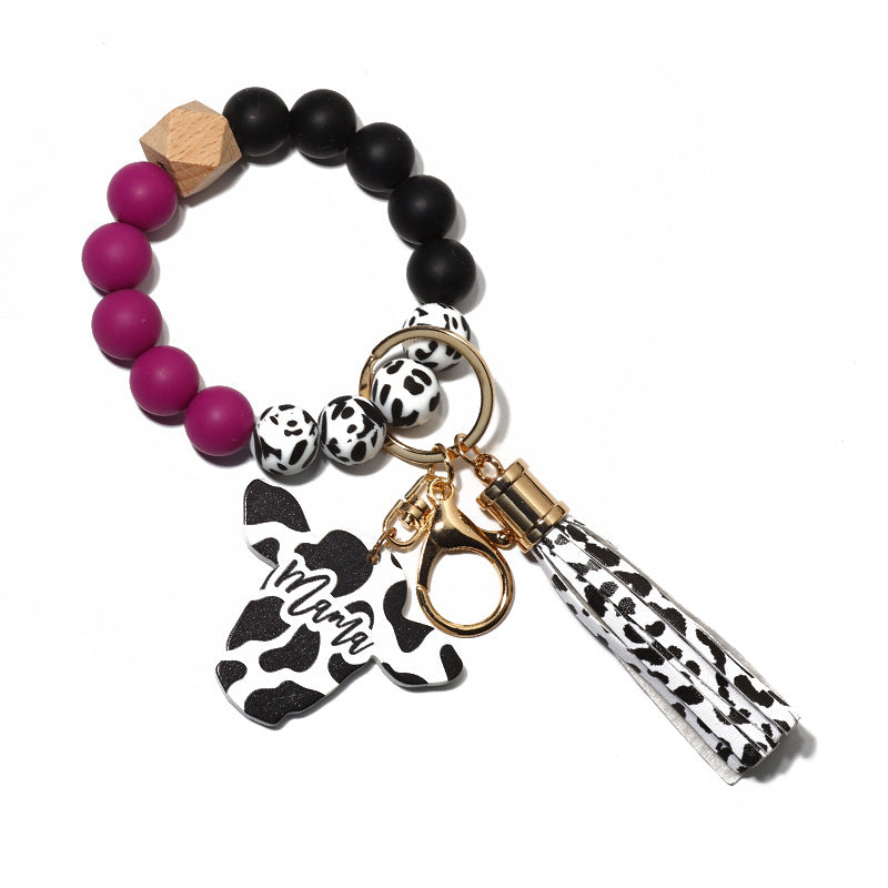 Cow Print Charm Silicone Bead Keychain - Purple
