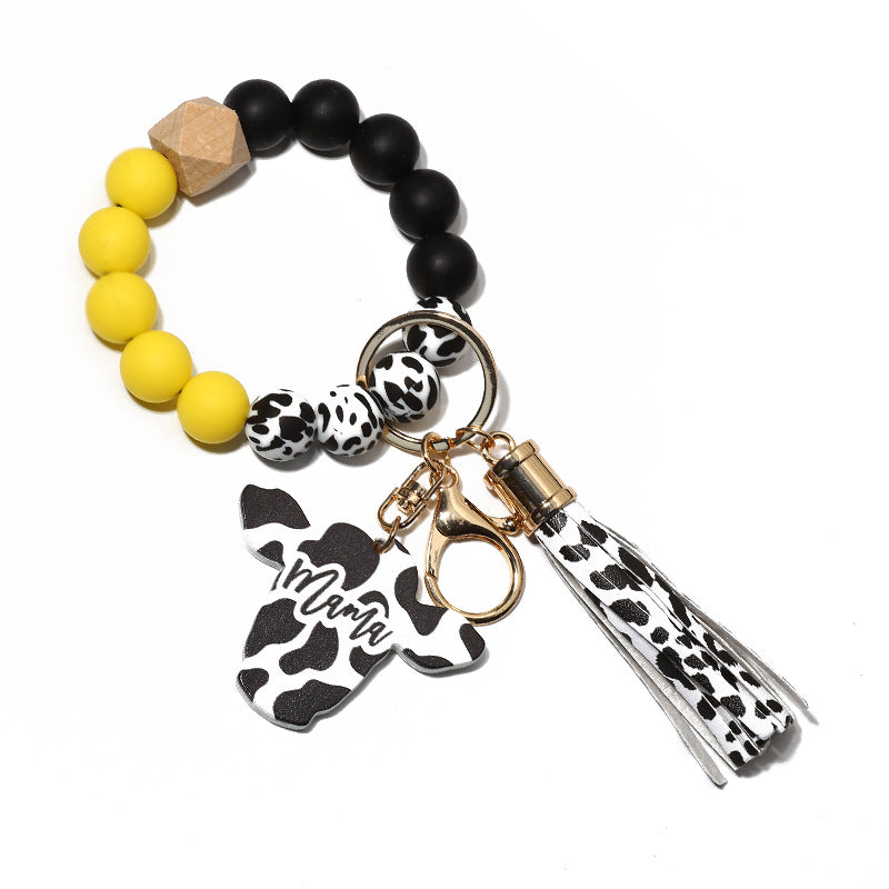 Cow Print Charm Silicone Bead Keychain - Yellow
