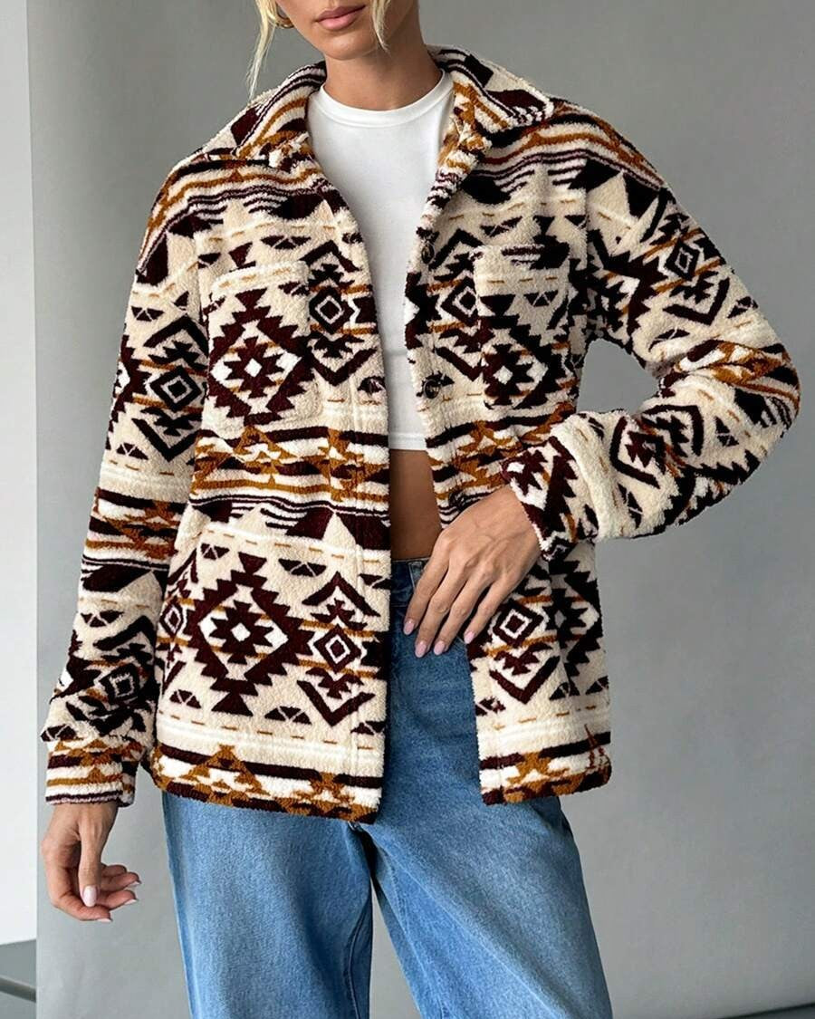 Western Geo Print Sherpa Jacket - Brown