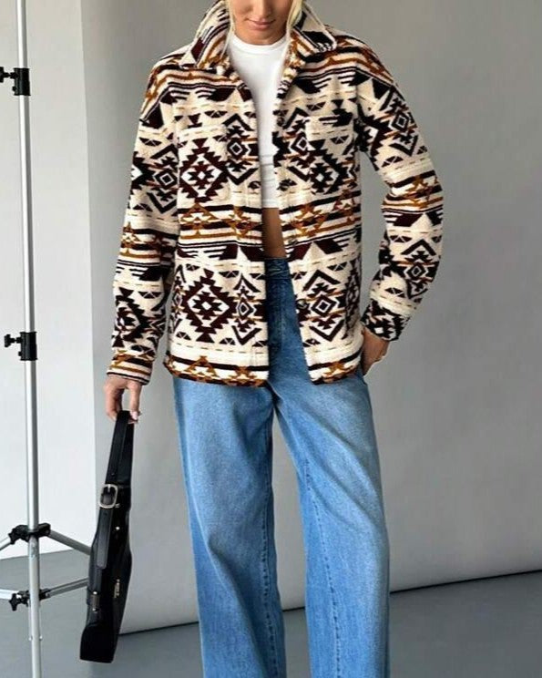 Western Geo Print Sherpa Jacket - Brown - 2