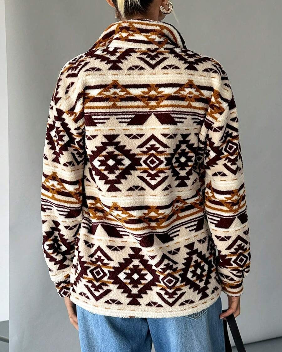 Western Geo Print Sherpa Jacket - Brown - 3