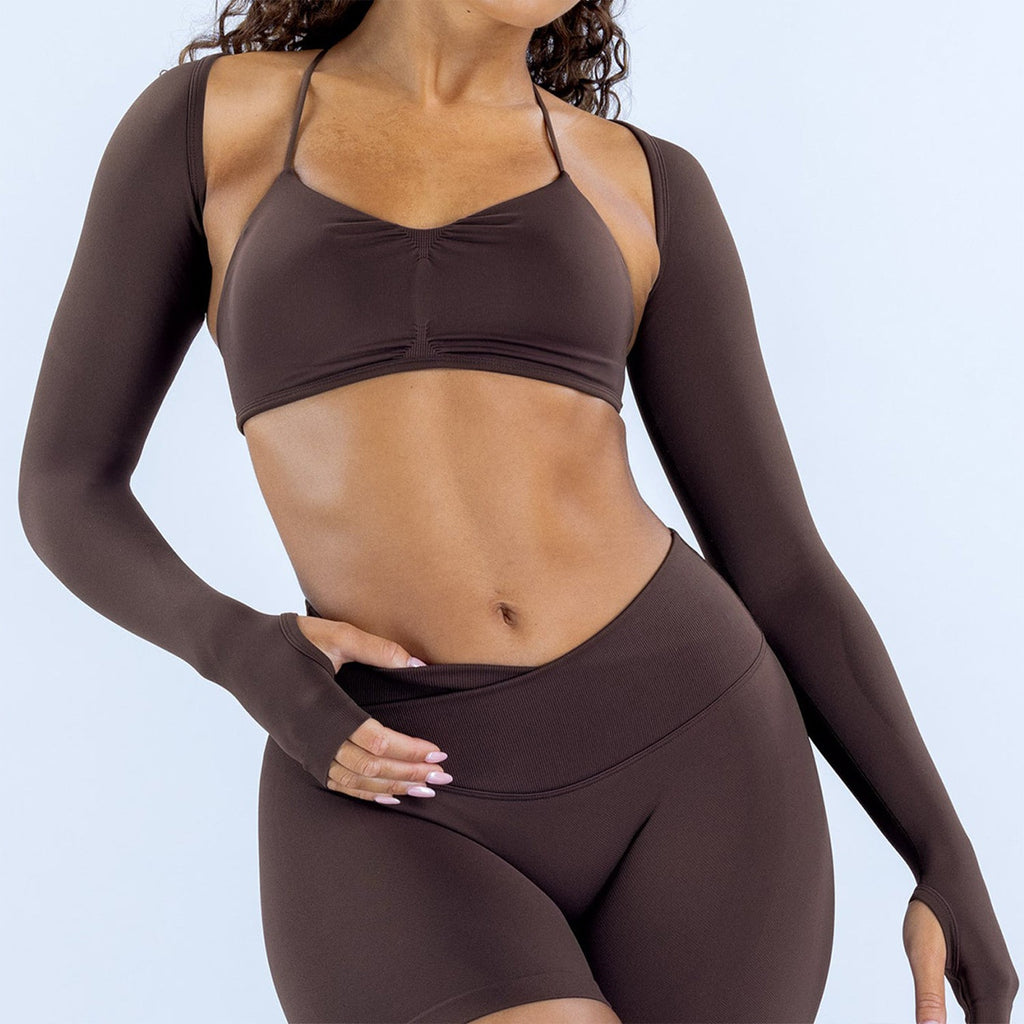 Seamless Thumbhole Long Sleeve Cropped Workout Shrug - Chocolate