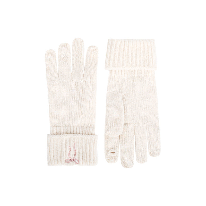 Embroidered Bow Ribbed Cuff Knit Gloves - Beige