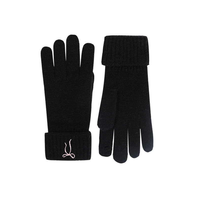 Embroidered Bow Ribbed Cuff Knit Gloves - Black