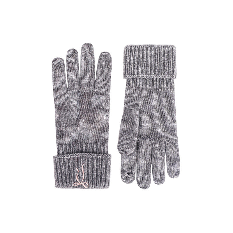 Embroidered Bow Ribbed Cuff Knit Gloves - Grey - 1