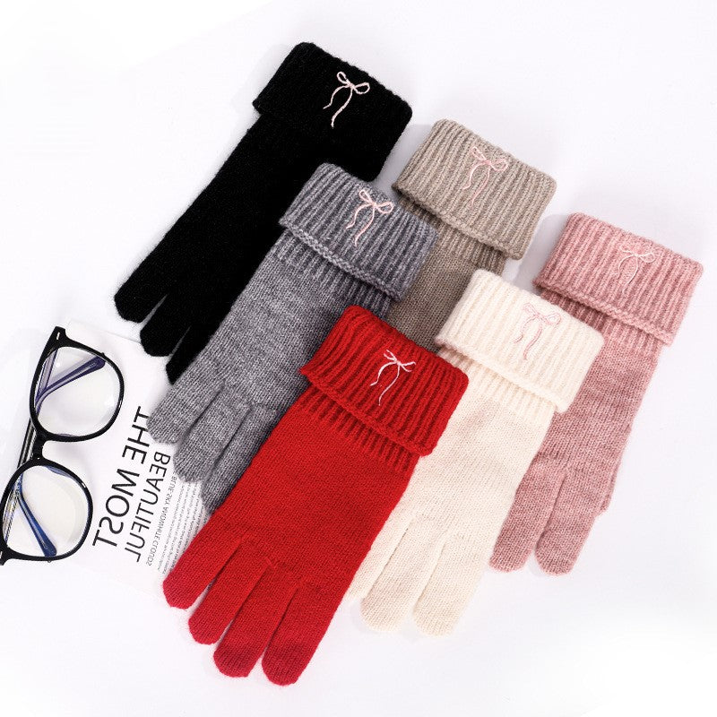 Embroidered Bow Ribbed Cuff Knit Gloves - Grey - 2