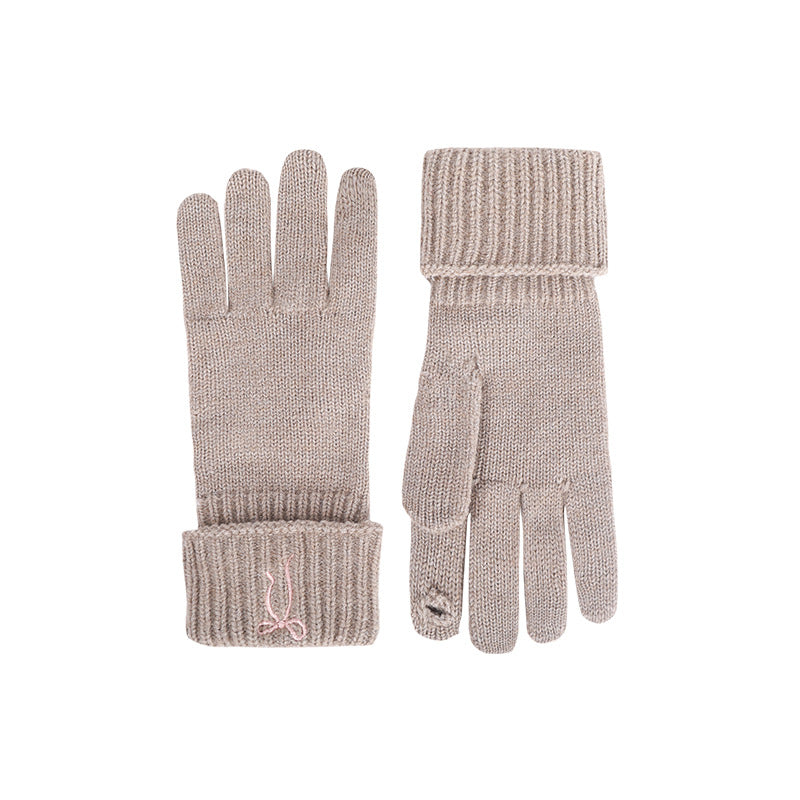 Embroidered Bow Ribbed Cuff Knit Gloves - Khaki