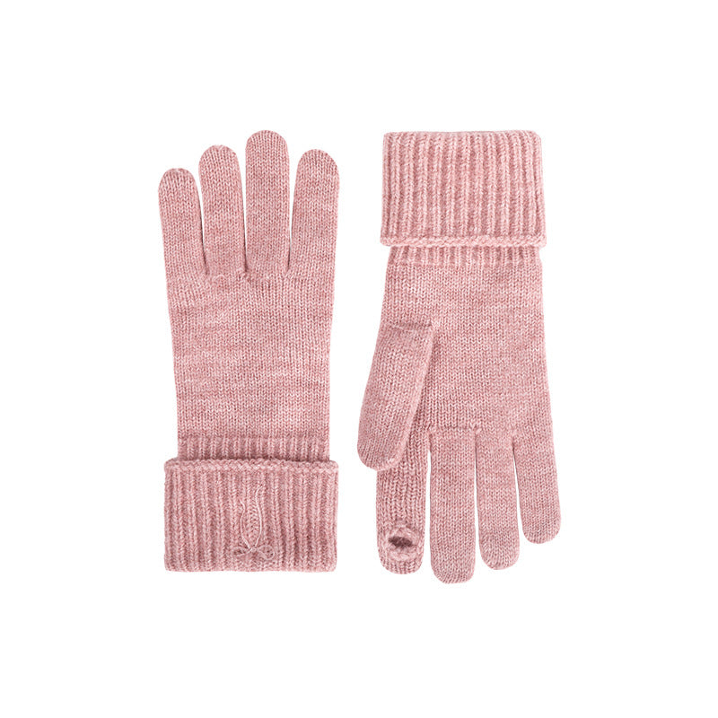 Embroidered Bow Ribbed Cuff Knit Gloves - Pink