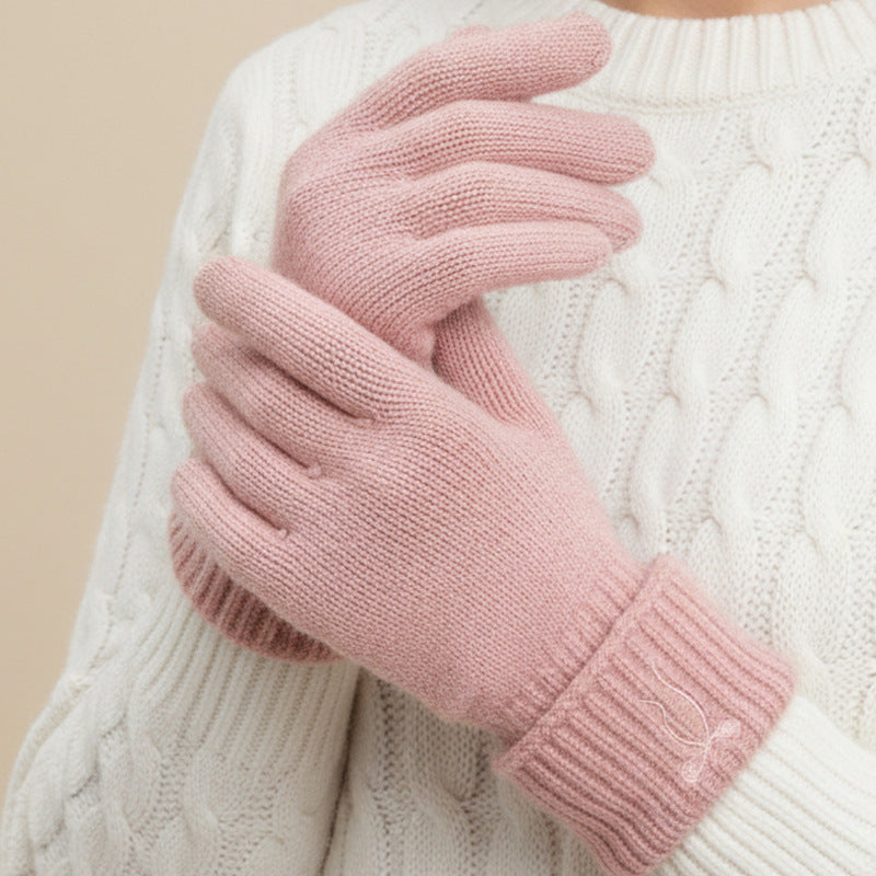Embroidered Bow Ribbed Cuff Knit Gloves - Pink - 1