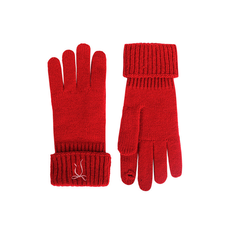 Embroidered Bow Ribbed Cuff Knit Gloves - Red