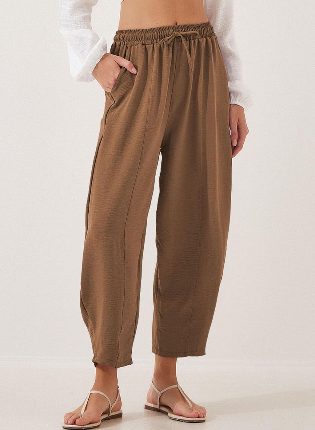 Drawstring Barrel Leg Cropped Trousers - Coffee
