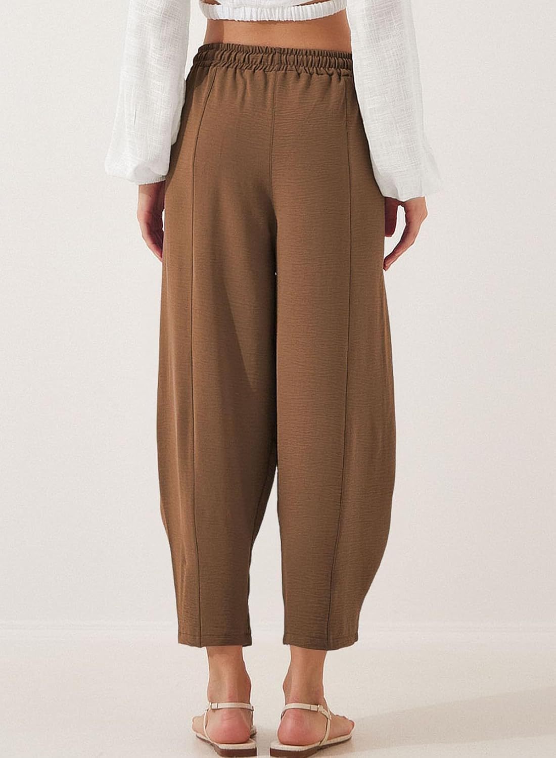 Drawstring Barrel Leg Cropped Trousers - Coffee - 1