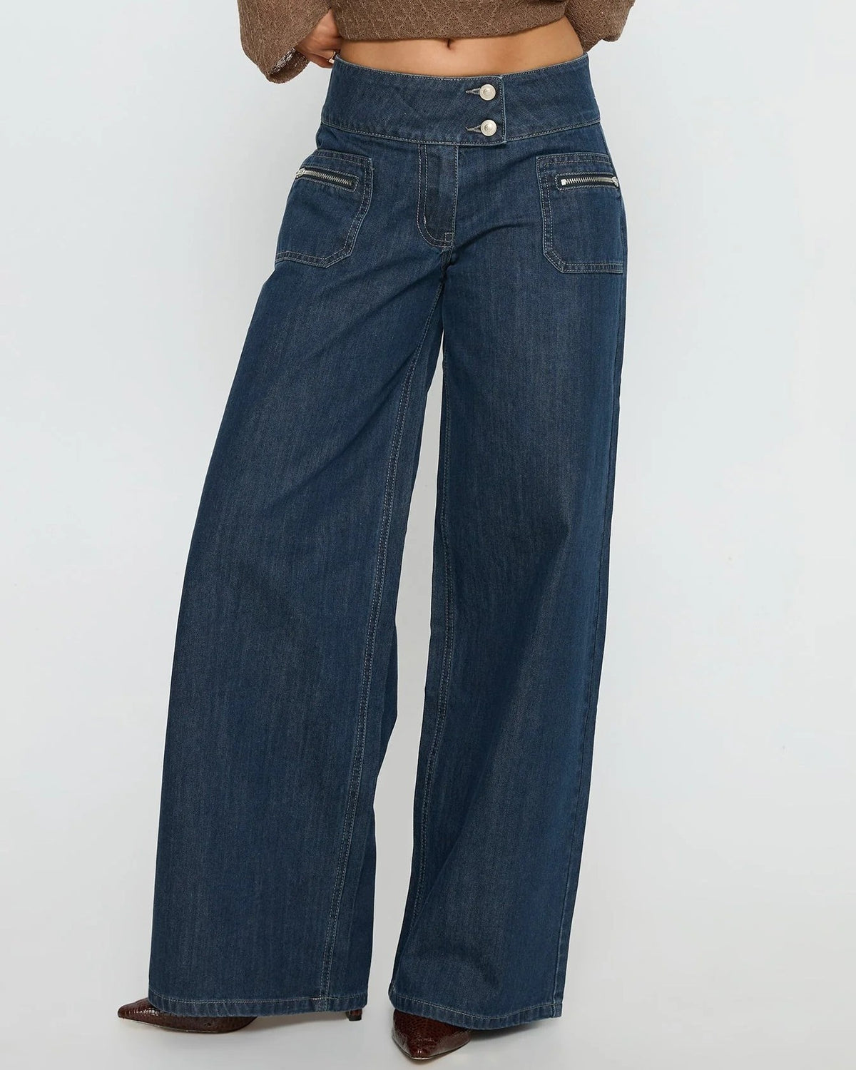 Blue Dark Wash Denim Zip Pocket Wide Leg Jeans - Blue