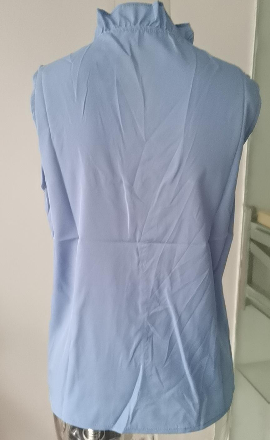Sleeveless Ruffle Placket Stand Collar Top - Blue - 1