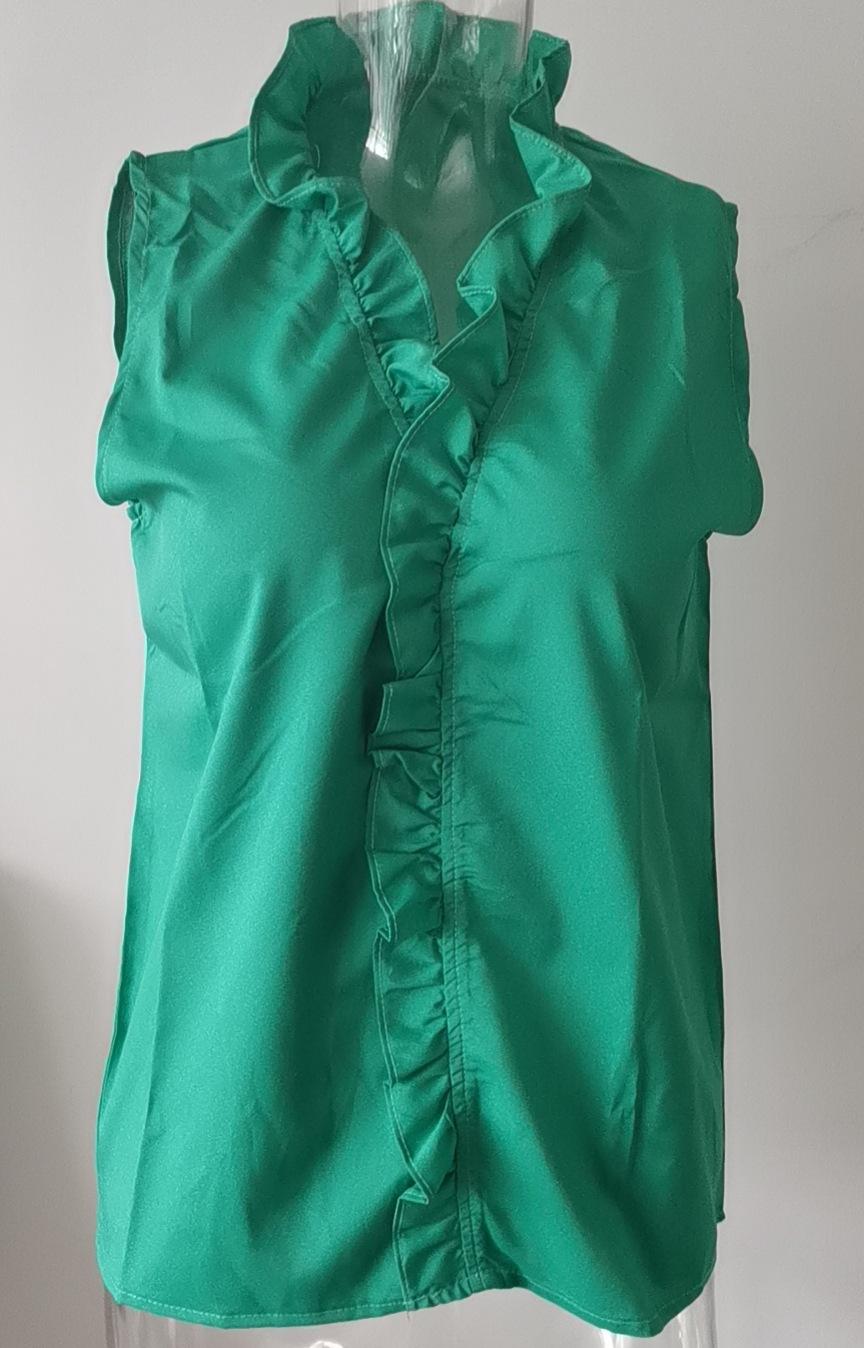 Sleeveless Ruffle Placket Stand Collar Top - Green