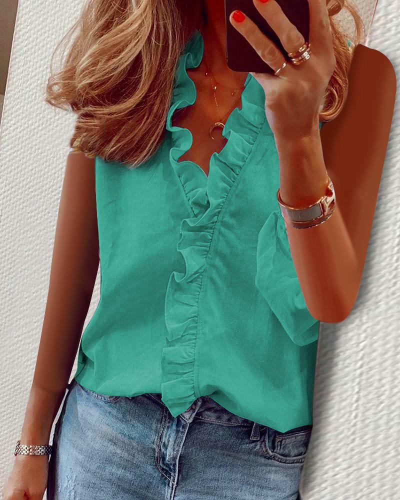 Sleeveless Ruffle Placket Stand Collar Top - Green - 2