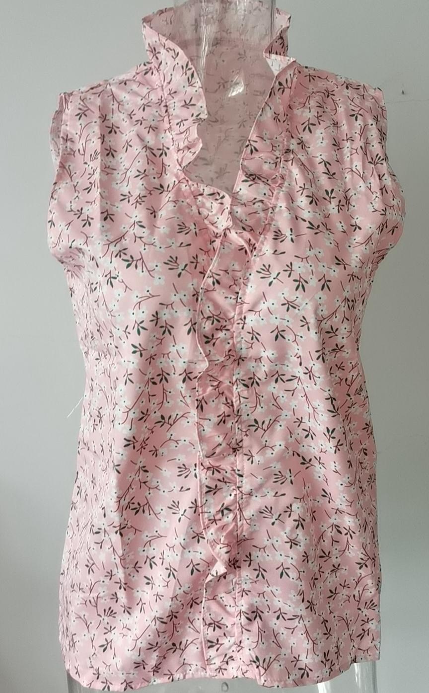 Sleeveless Ruffle Placket Stand Collar Top - Pink