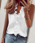 Sleeveless Ruffle Placket Stand Collar Top - White