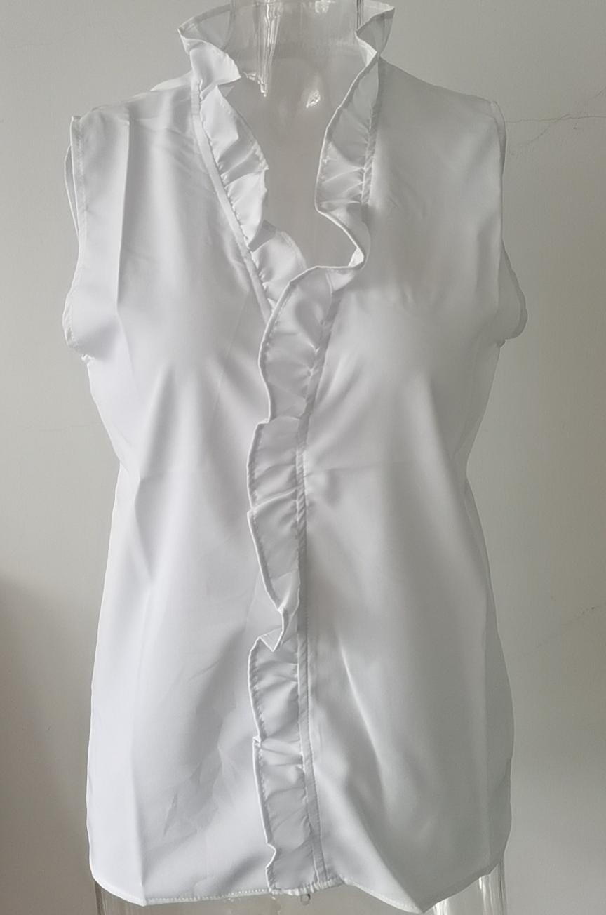 Sleeveless Ruffle Placket Stand Collar Top - White - 1