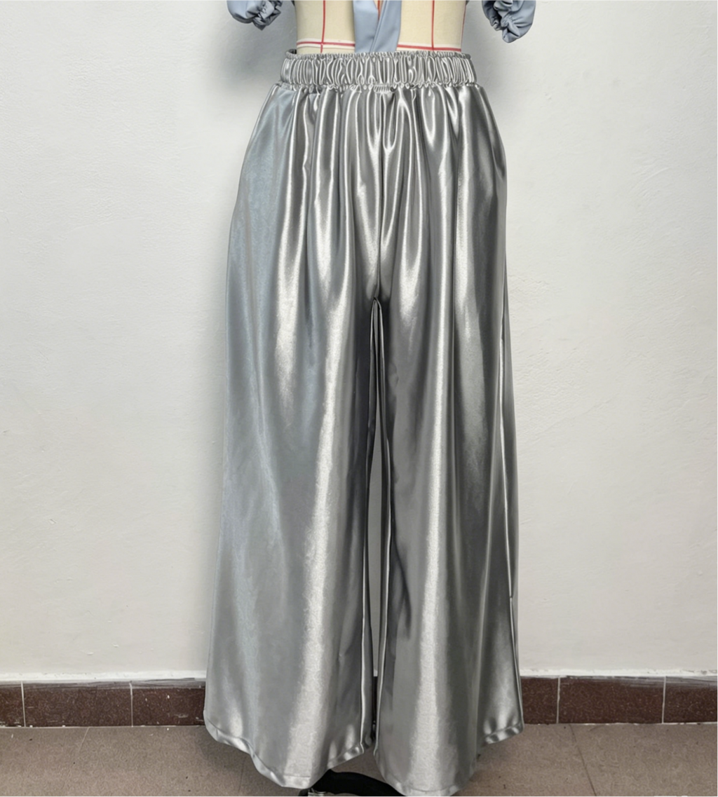 Elastic Waist Wide Leg Satin Palazzo Pants - Silvery - 1