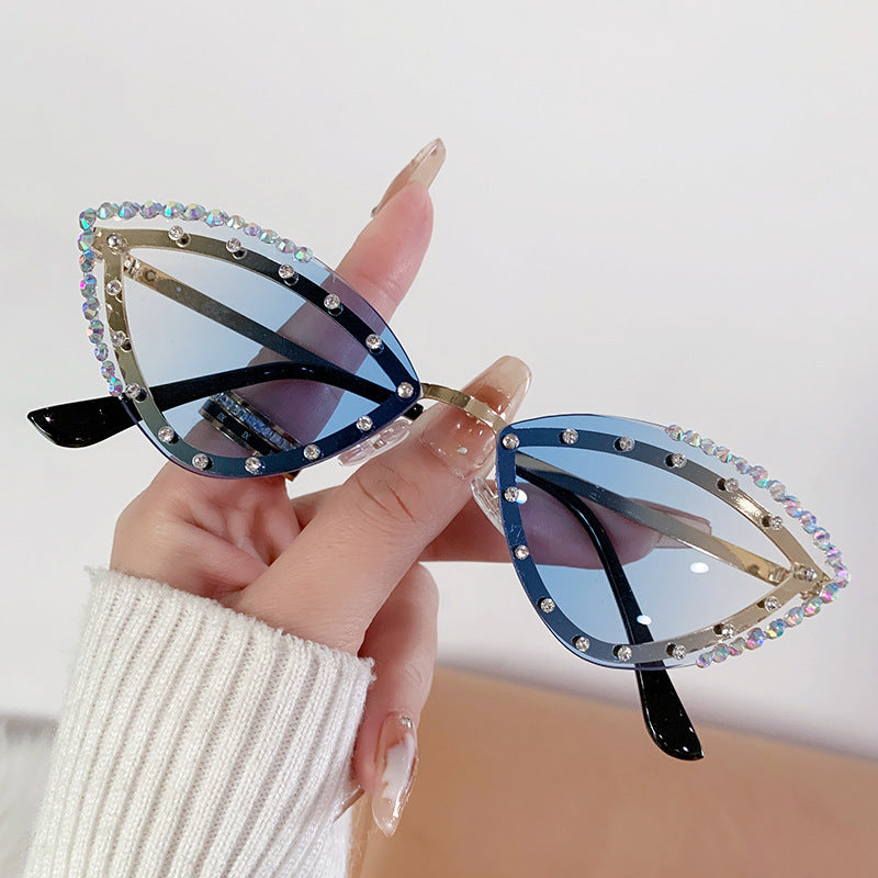 Rhinestone Rimless Cat Eye Sunglasses - Blue