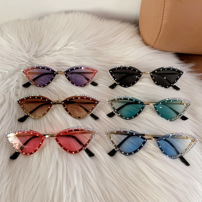 Rhinestone Rimless Cat Eye Sunglasses - Blue - 1