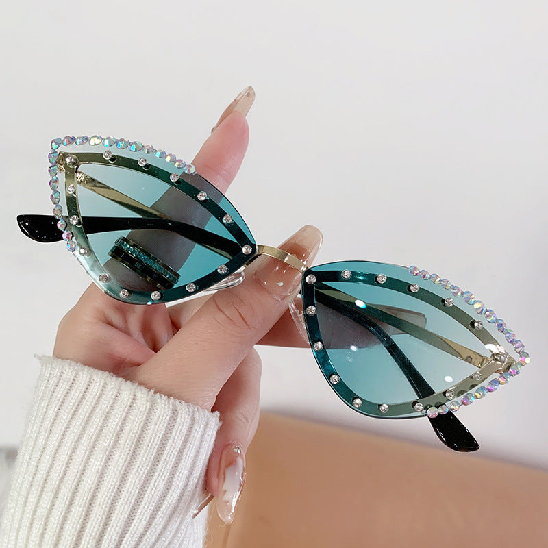 Rhinestone Rimless Cat Eye Sunglasses - Green