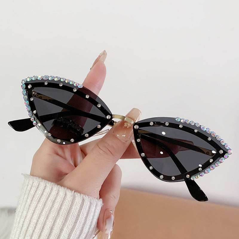 Rhinestone Rimless Cat Eye Sunglasses - Grey
