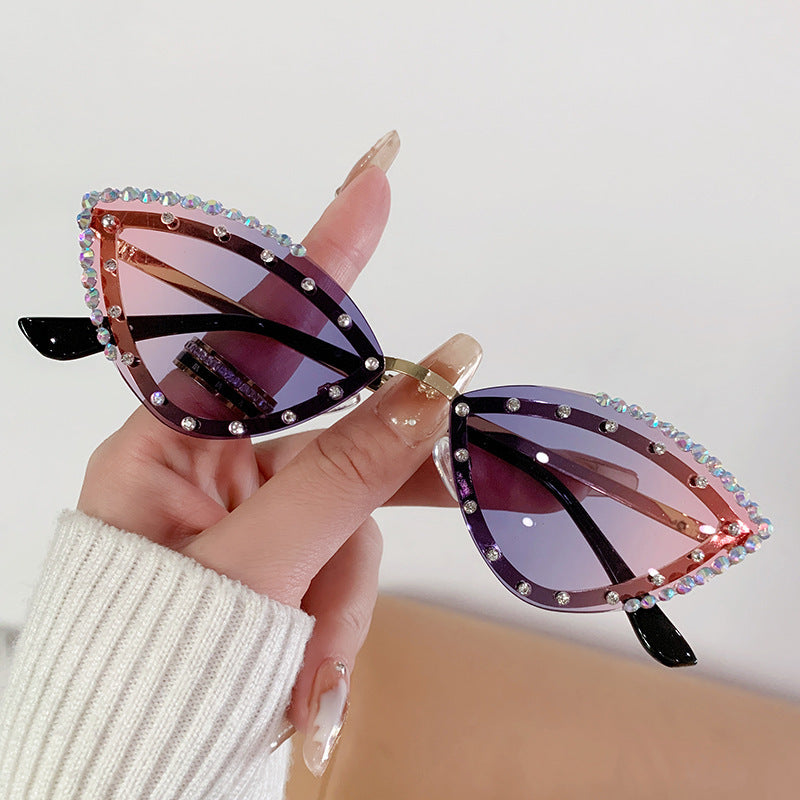 Rhinestone Rimless Cat Eye Sunglasses - Purple