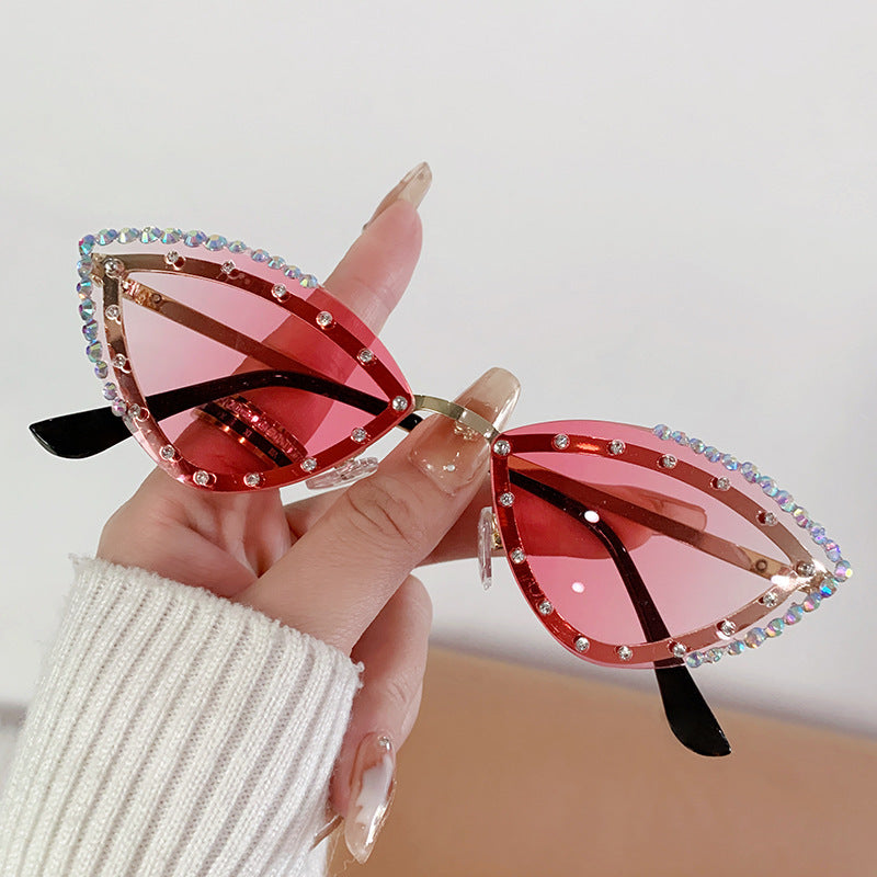 Rhinestone Rimless Cat Eye Sunglasses - Rosered