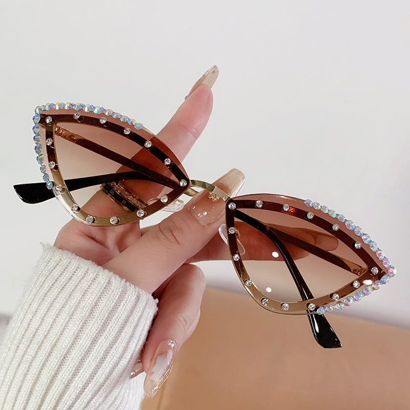 Rhinestone Rimless Cat Eye Sunglasses - Tea
