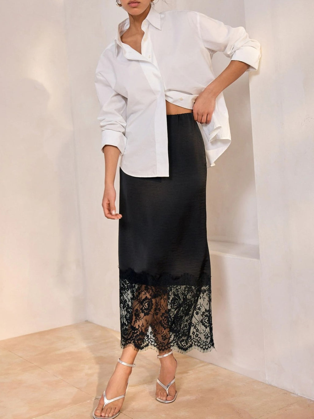 Satin Lace Hem Midi Slip Skirt - Black