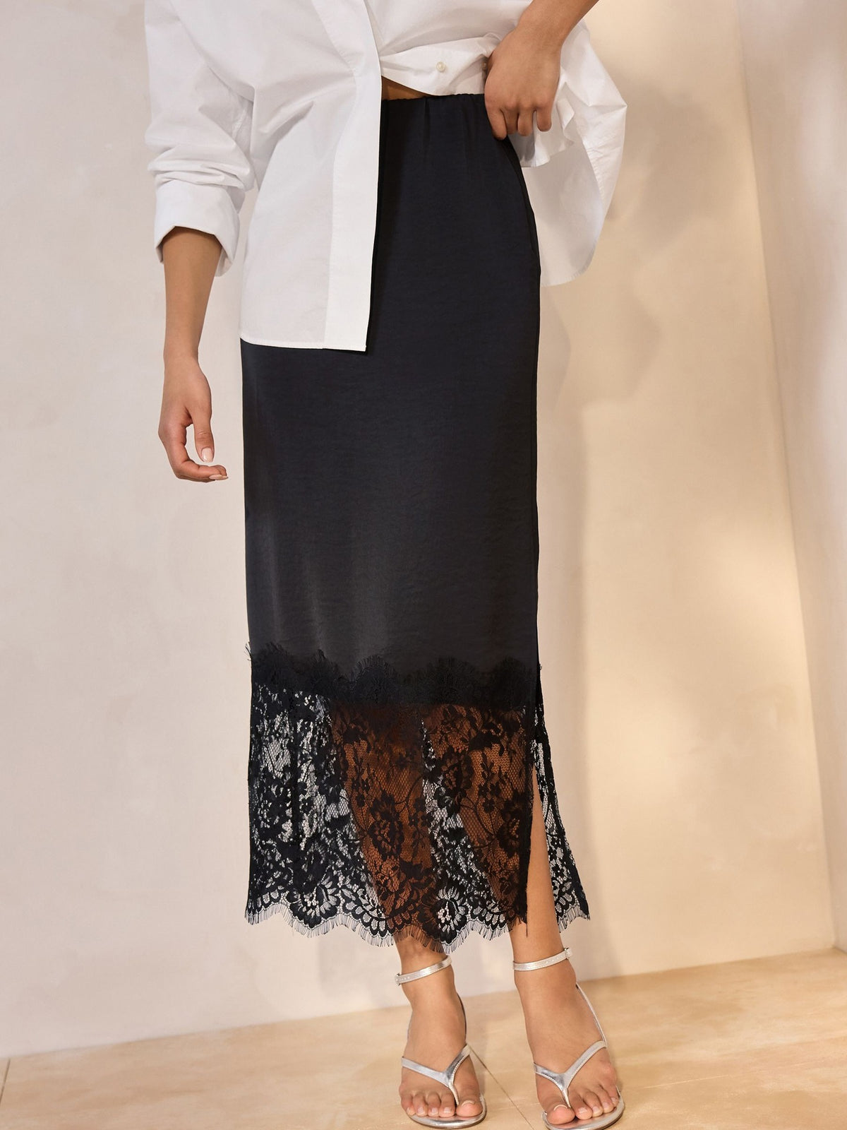 Satin Lace Hem Midi Slip Skirt - Black - 1