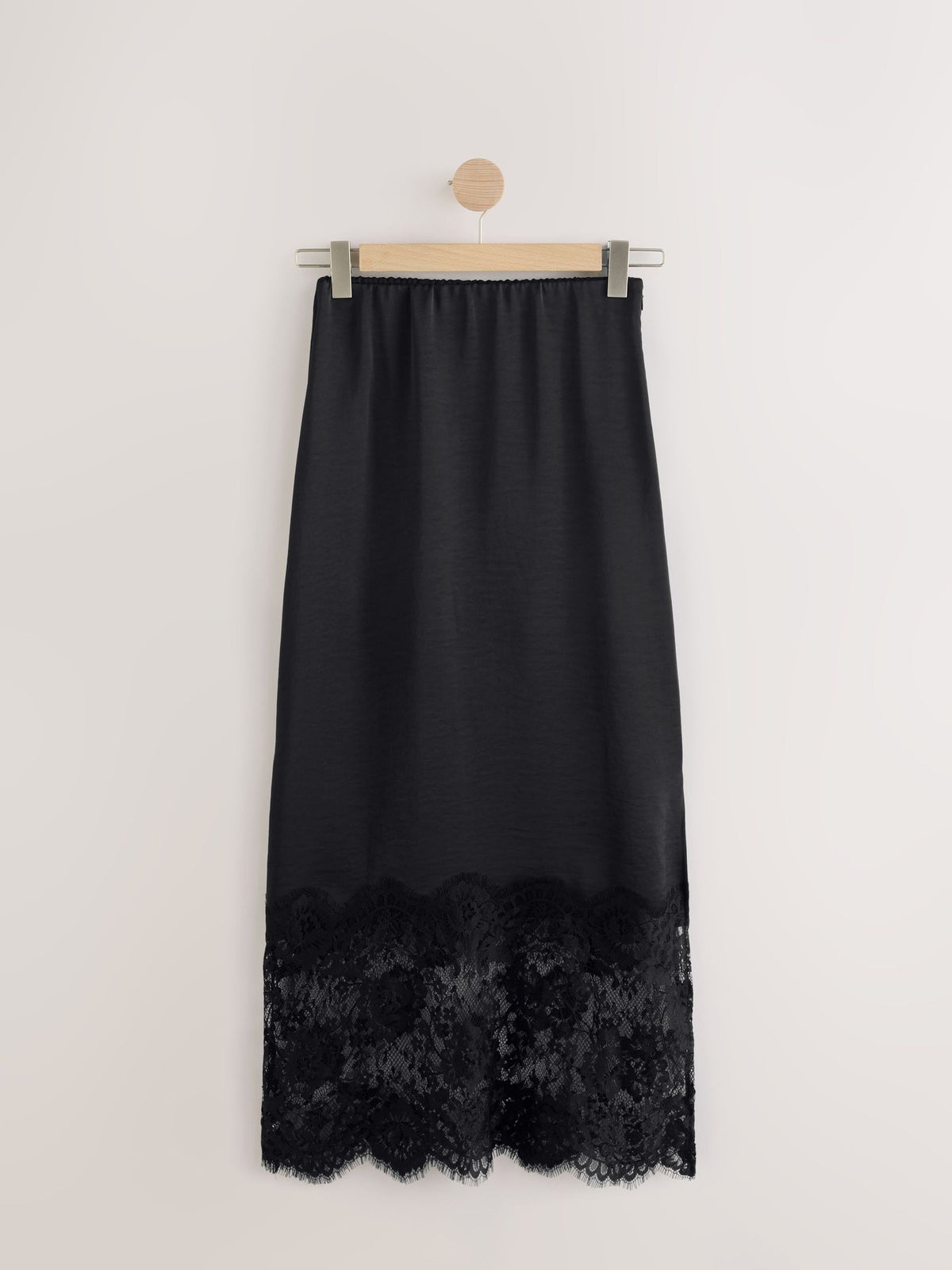 Satin Lace Hem Midi Slip Skirt - Black - 4