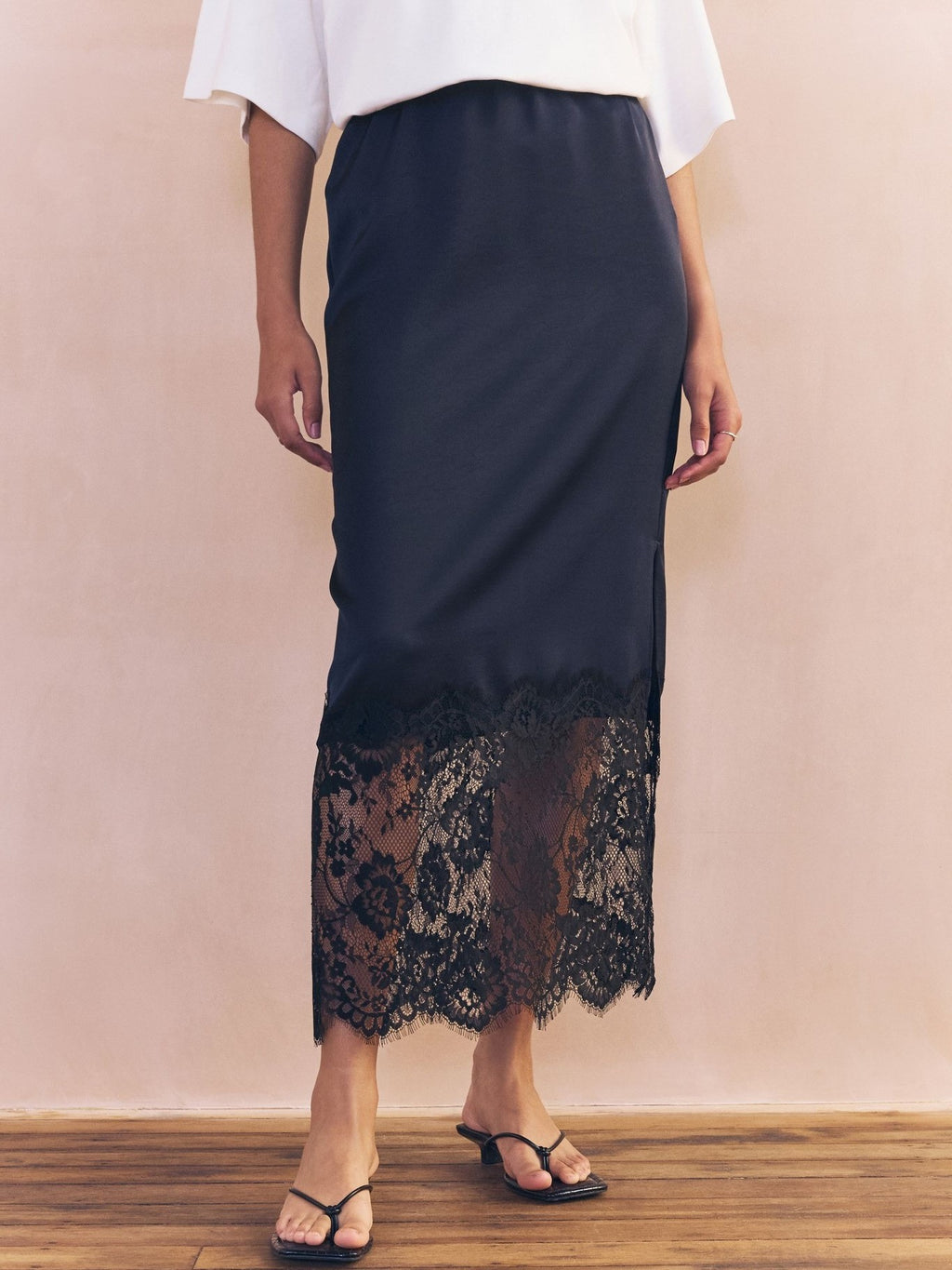 Satin Lace Hem Midi Slip Skirt - DarkBlue