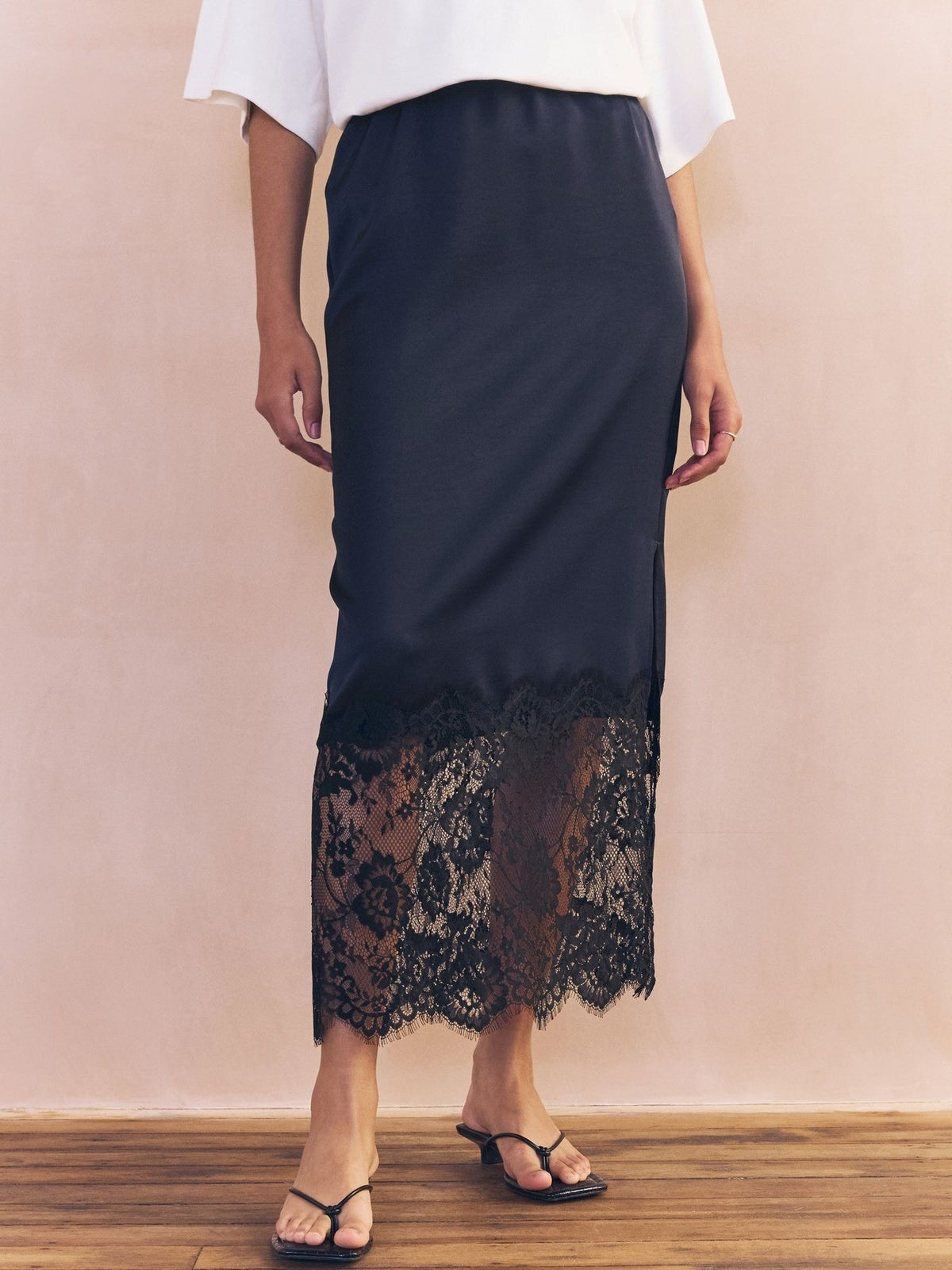 Satin Lace Hem Midi Slip Skirt - DarkBlue