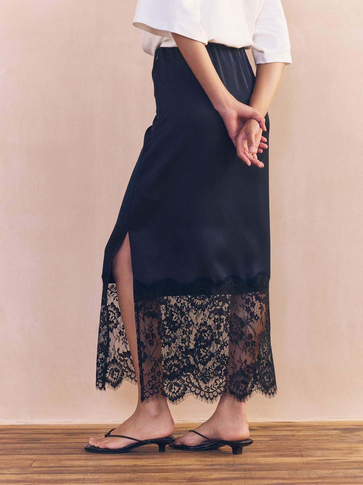 Satin Lace Hem Midi Slip Skirt - DarkBlue - 1