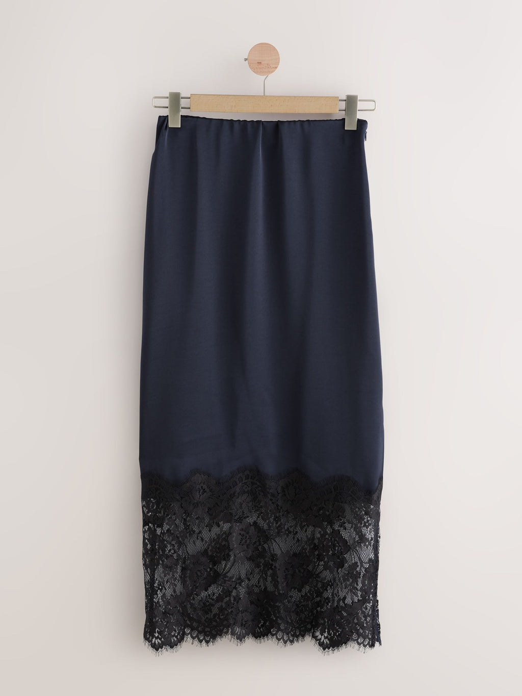 Satin Lace Hem Midi Slip Skirt - DarkBlue - 2
