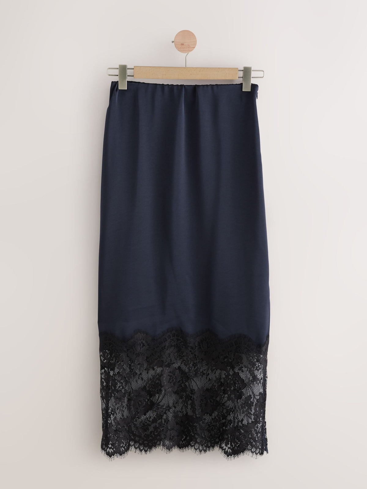 Satin Lace Hem Midi Slip Skirt - DarkBlue - 2