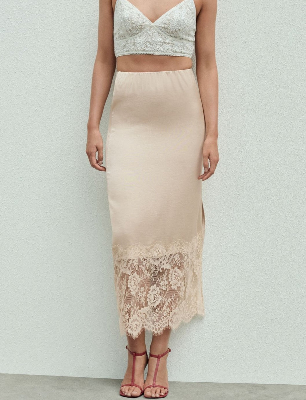 Satin Lace Hem Midi Slip Skirt - Khaki