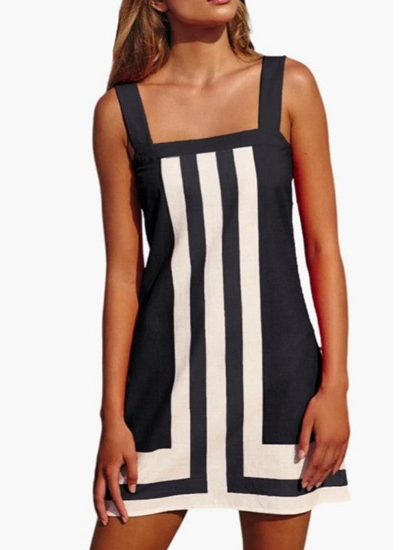 Bold Stripe Mini Shift Dress Wide Straps - Black