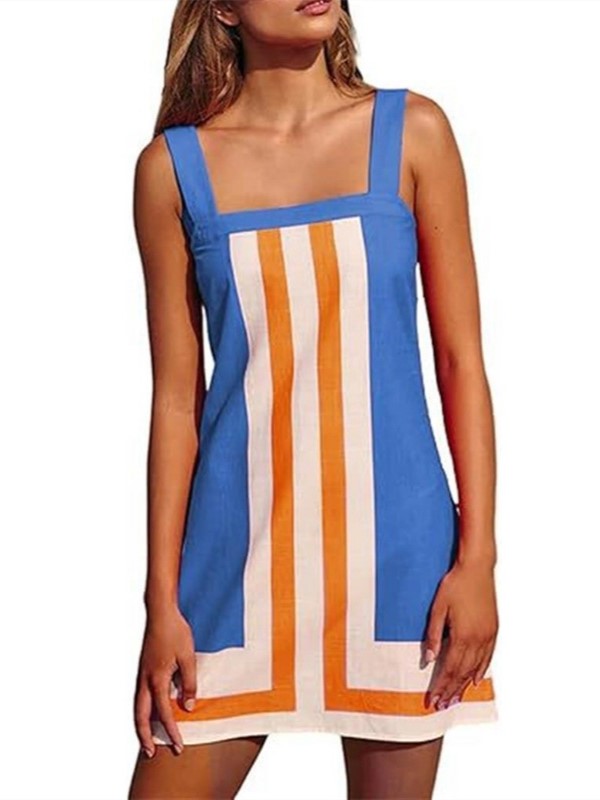 Bold Stripe Mini Shift Dress Wide Straps - Blue