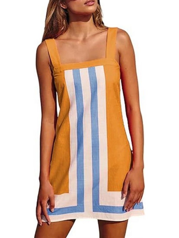 Bold Stripe Mini Shift Dress Wide Straps - Orange