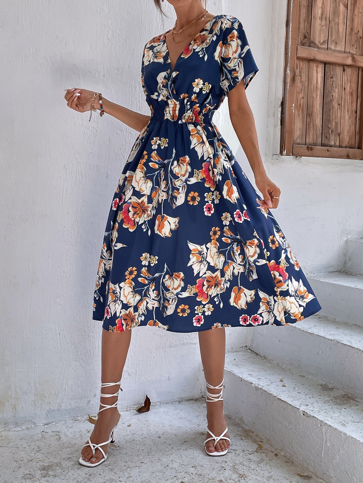 Surplice V-Neck Flutter Sleeve Midi Dress - Color_13