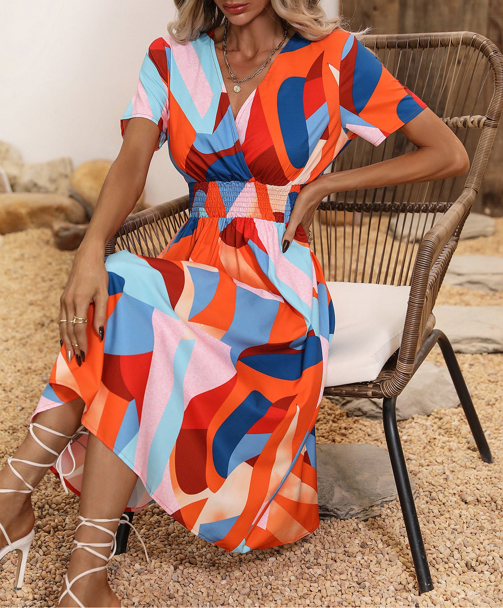 Surplice V-Neck Flutter Sleeve Midi Dress - Color_22
