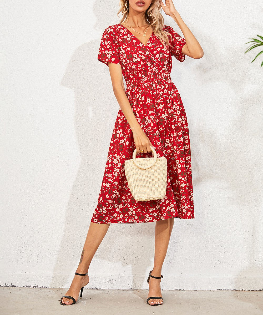 Surplice V-Neck Flutter Sleeve Midi Dress